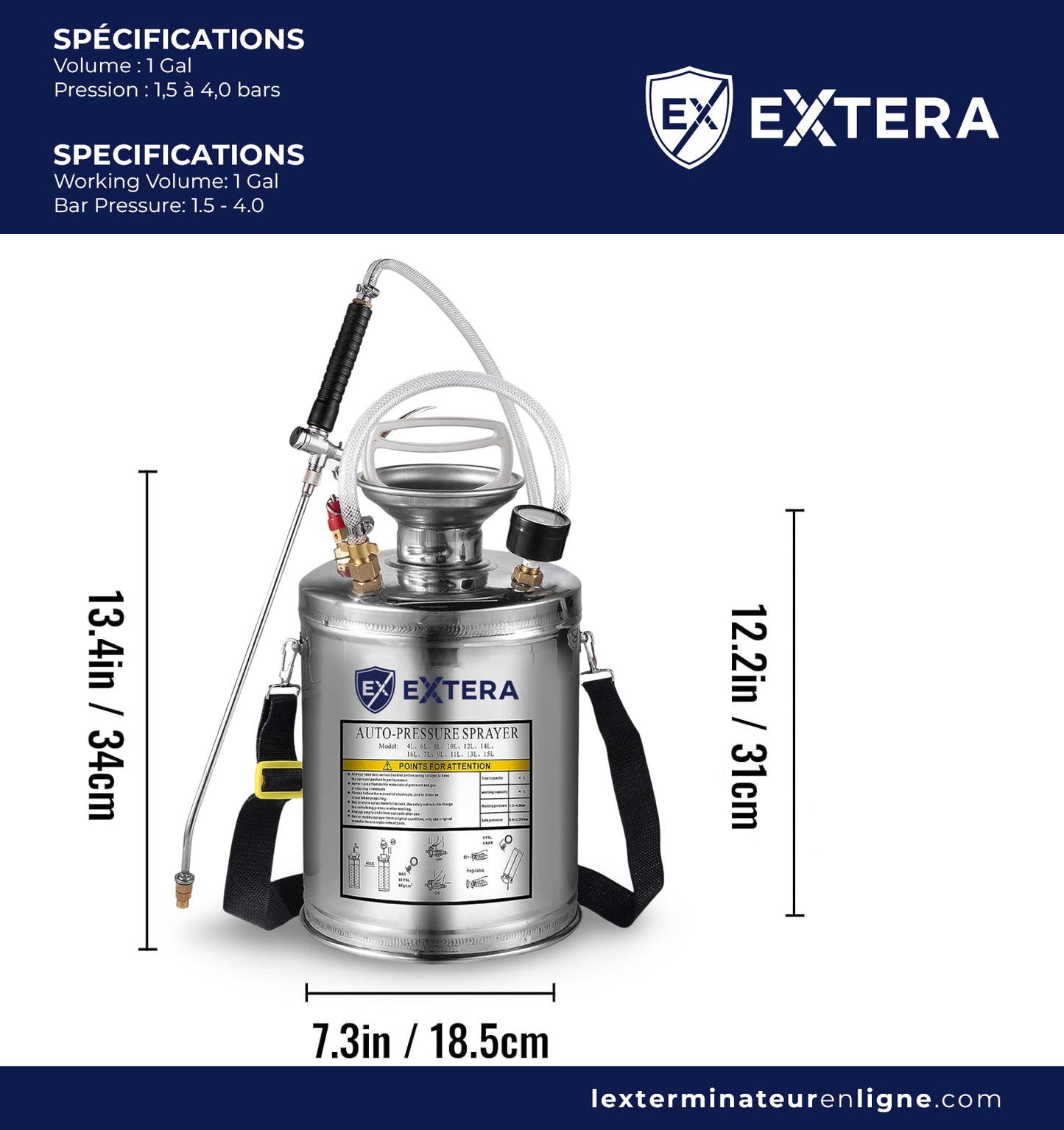 Pulvérisateur à pression en acier inoxydable EXTERA | Résistant aux produits chimiques