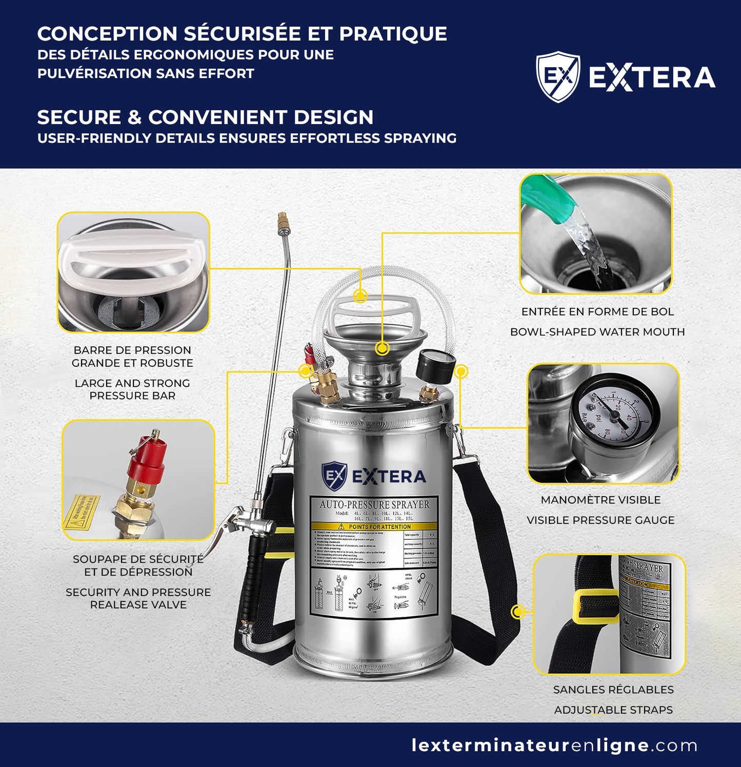 Pulvérisateur à pression en acier inoxydable EXTERA | Résistant aux produits chimiques
