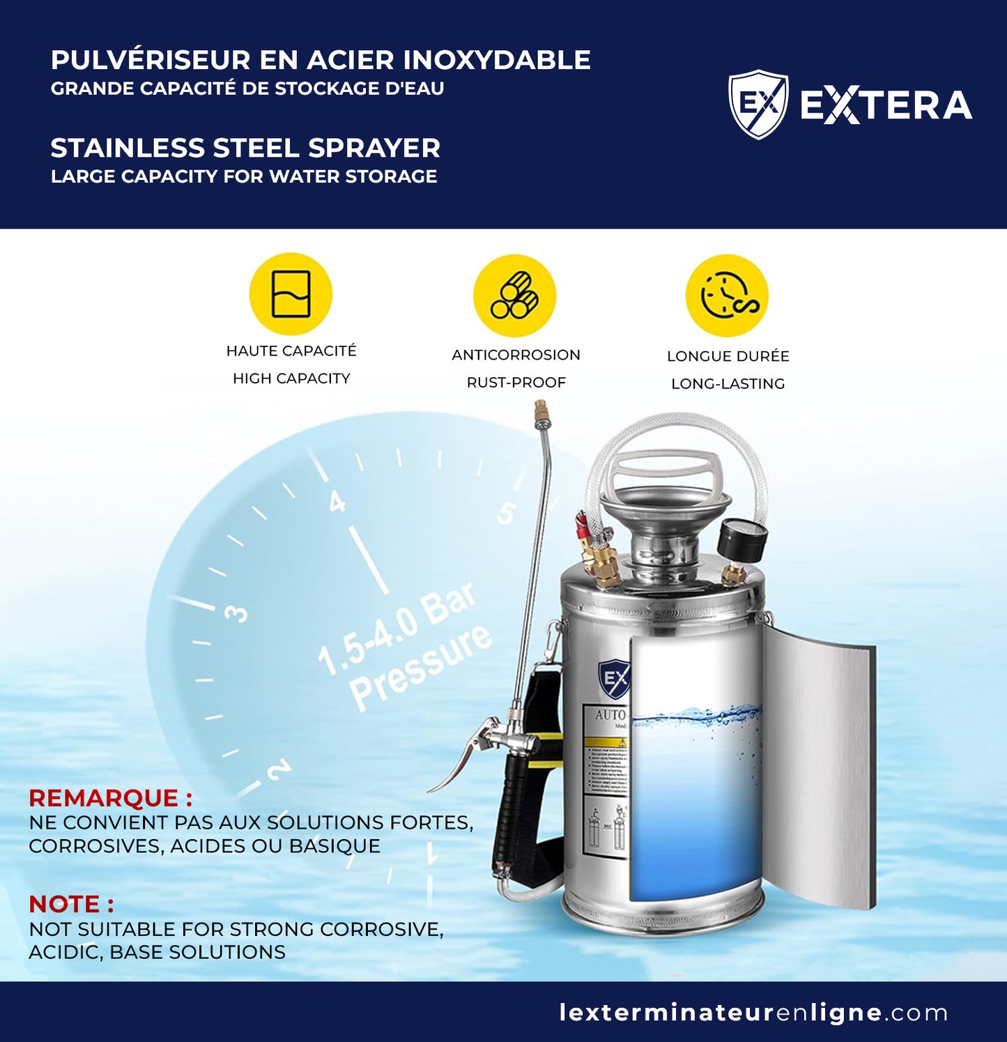 Pulvérisateur à pression en acier inoxydable EXTERA | Résistant aux produits chimiques
